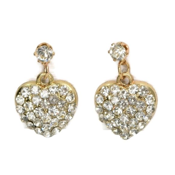 DBello Earrings Heart Rhinestone Encrusted Dangle Gold Tone CZ Pierced Post - Picture 2 of 4